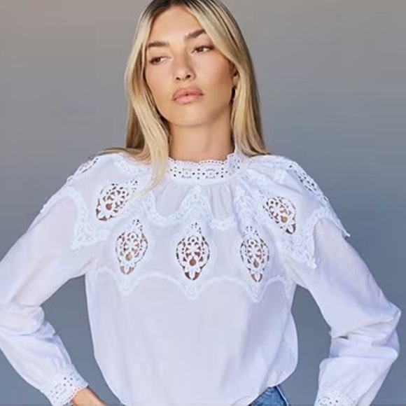 Sanctuary White Eyelet Mock Neck Long Sleeve Lace Popover Blouse - Picture 1 of 12